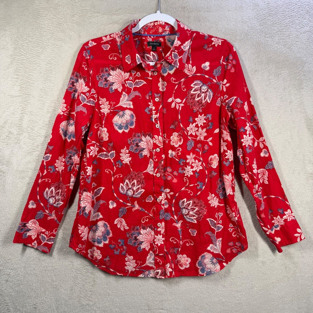 Talbots Button Down Shirt Womens Medium Red Floral Paisley Lightweight Cotton